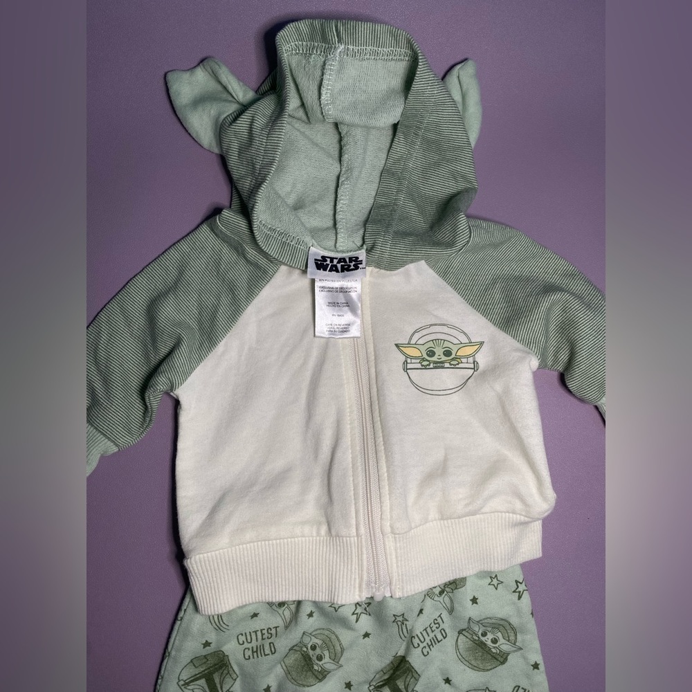 EUC 3 Piece The Child, body suit, jogger pants and hoodie. 0-3 months.